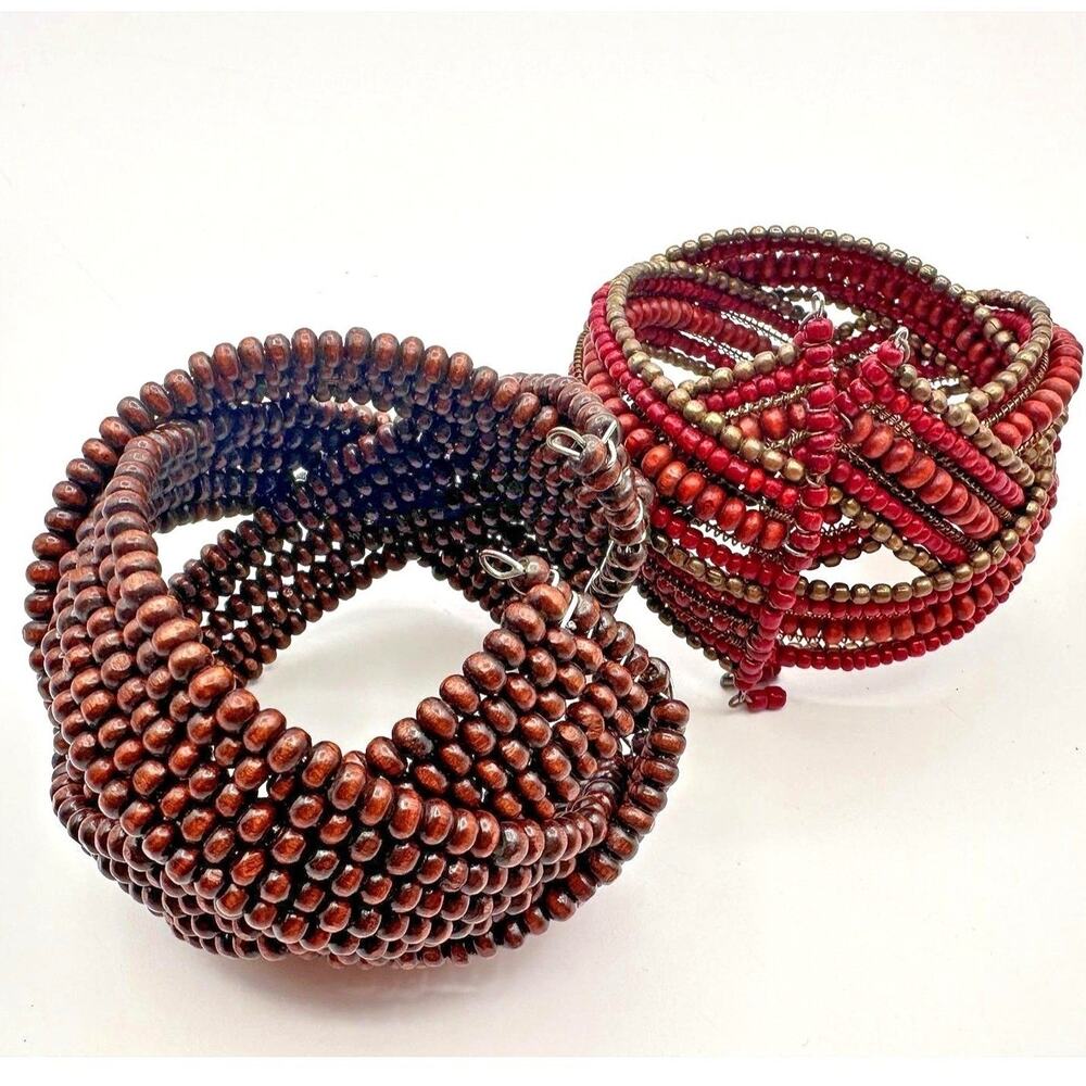 Vintage Multi Row Wood Bead Cuff Bracelet Lot Red Brown Memory Wire Wrap Boho